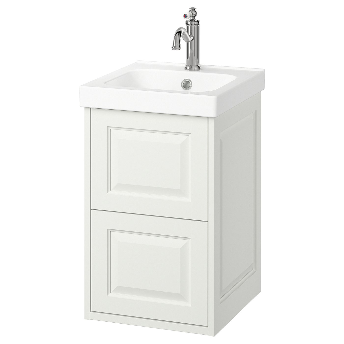 Een wit TÄNNFORSEN badkamermeubel met een keramische wastafel en chromen armaturen, met een klassiek design met afgeschuinde randen.