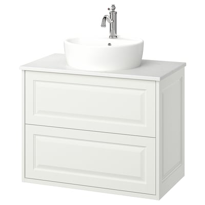Witte TÄNNFORSEN badkamermeubel: ronde wastafel, klassiek design, wandkast.