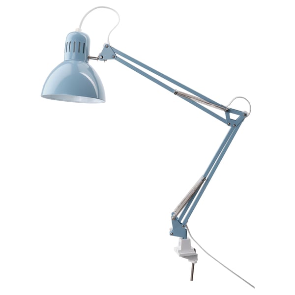 TERTIAL blauwe verstelbare bureaulamp met uitschuifbare arm en kap. Metalen en kunststof constructie, klassiek design.