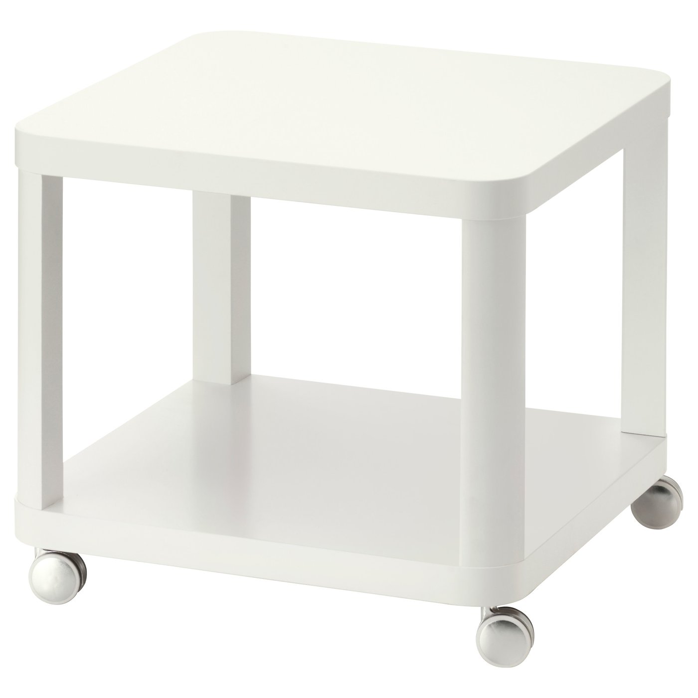 Een witte TINGBY bijzettafel met een vierkante boven- en onderplank, vier wielen en een minimalistisch design.