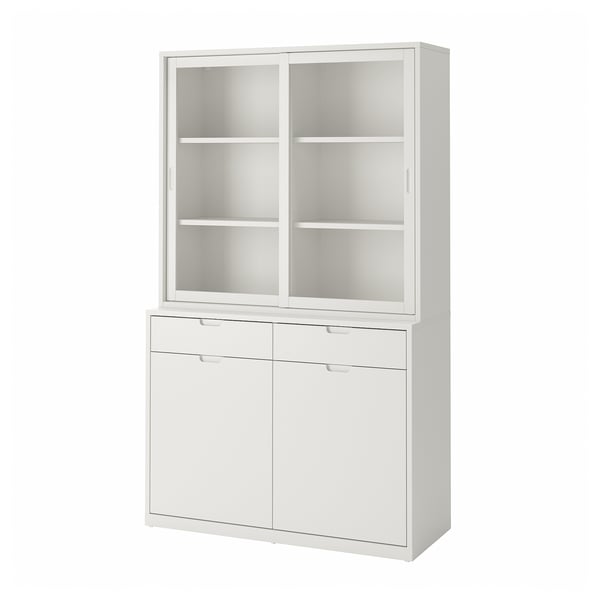Gebroken witte TONSTAD dressoir en glazen kast combo, modern design met soft-close lades en verstelbare planken.