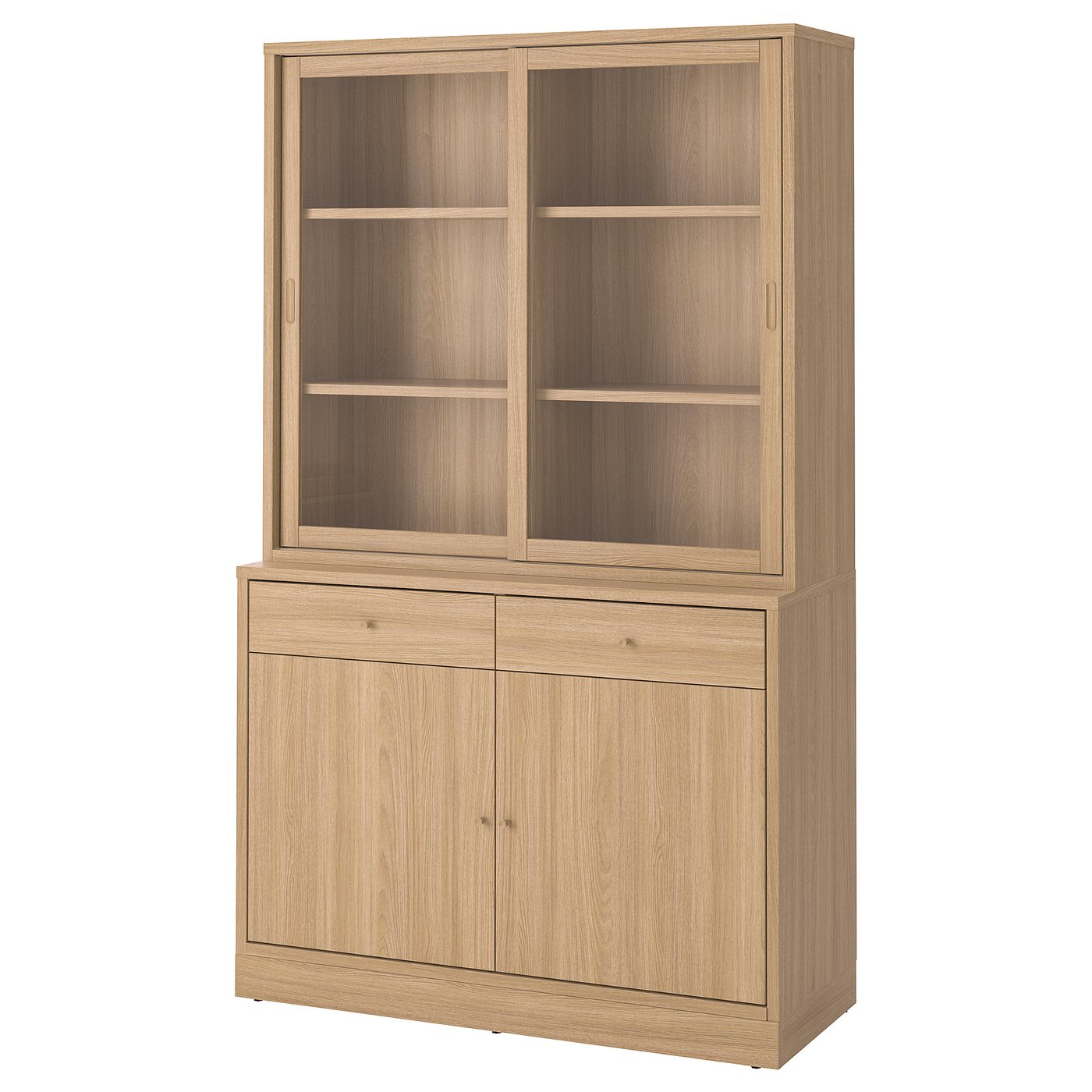 TONSTAD Opbergcombi m vitrineschuifdeuren eikenfineer/helder glas 121x47x201 cm