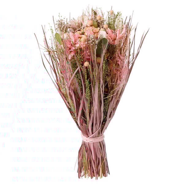 Een boeket met de naam TORKA met lichtroze gedroogde bloemen en groene bladeren, gewikkeld in jute touw, rechtop.