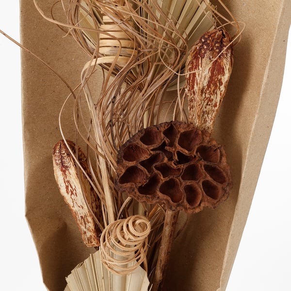 Zorgvuldig gearrangeerd boeket van gedroogde plantendelen in een natuurlijke doos, met unieke texturen en bruine tinten.