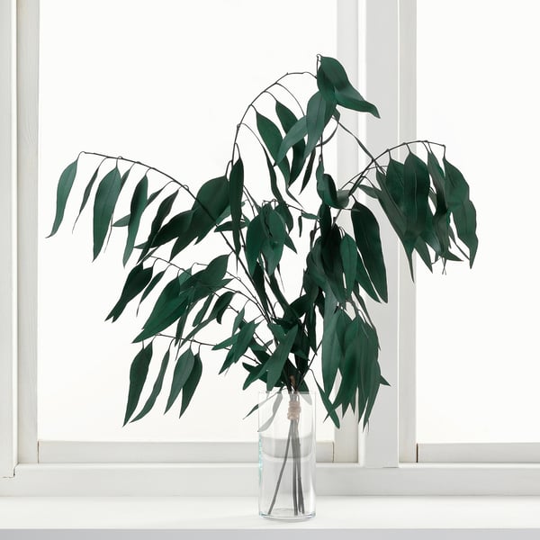 TORKA: groene gedroogde takjes in helder glazen vaas op vensterbank, minimalistisch design.