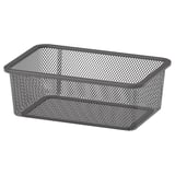 Een TROFAST mesh opbergdoos in grijs, gemaakt van staal met poedercoating. Het is rechthoekig en ontworpen voor het organiseren van items.