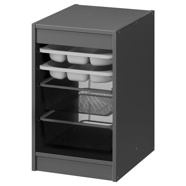 TROFAST grijze opbergkast met dienbladen, gaasdozen, spaanplaat, rechthoekig, modern design.