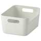Een witte UPPDATERA opbergdoos met twee handvatten. Het is vierkant van vorm met afgeronde hoeken, handig voor het organiseren en dragen van items.