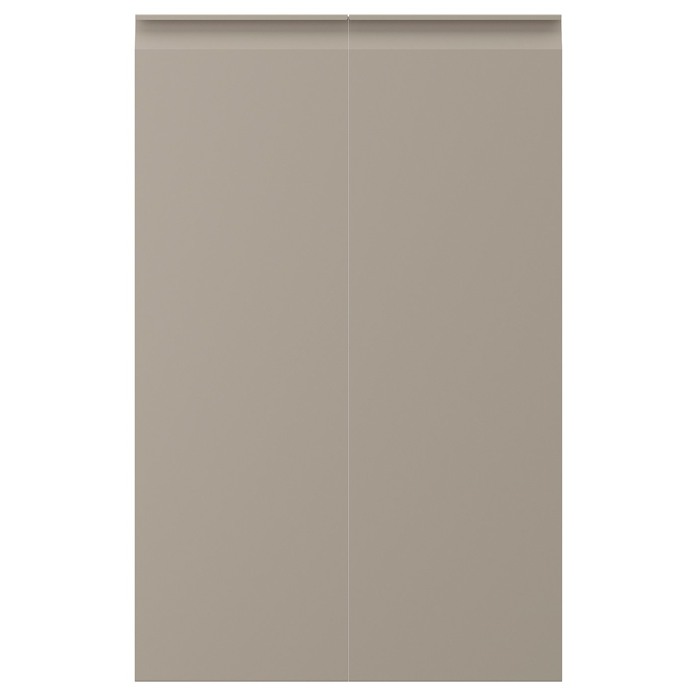 Beige UPPLÖV keukenkasten met geïntegreerde handgrepen, afgeschuinde randen.