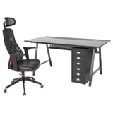 UTESPELARE bureau en stoelen set. Zwart bureau met gaas, metalen poten, in hoogte verstelbaar. Zwarte bureaustoel met mesh rugleuning, armleuningen en rode accenten.