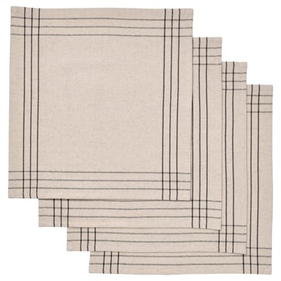 Vier beige en zwart gestreepte stoffen servetten netjes opgevouwen in een vierkante stapel.