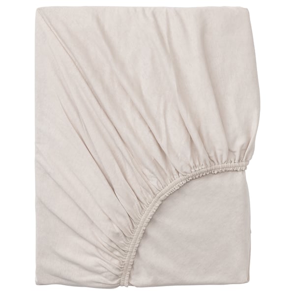 Een beige VÅRVIAL hoeslaken gemaakt van 100% katoen. Het heeft een elastische zoom voor een veilige pasvorm.