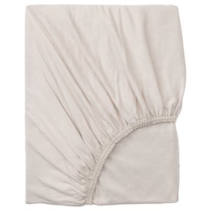 Een gebroken wit VÅRVIAL hoeslaken. Het jersey gebreide katoenen laken is zacht en elastisch voor een perfecte pasvorm van de matras.