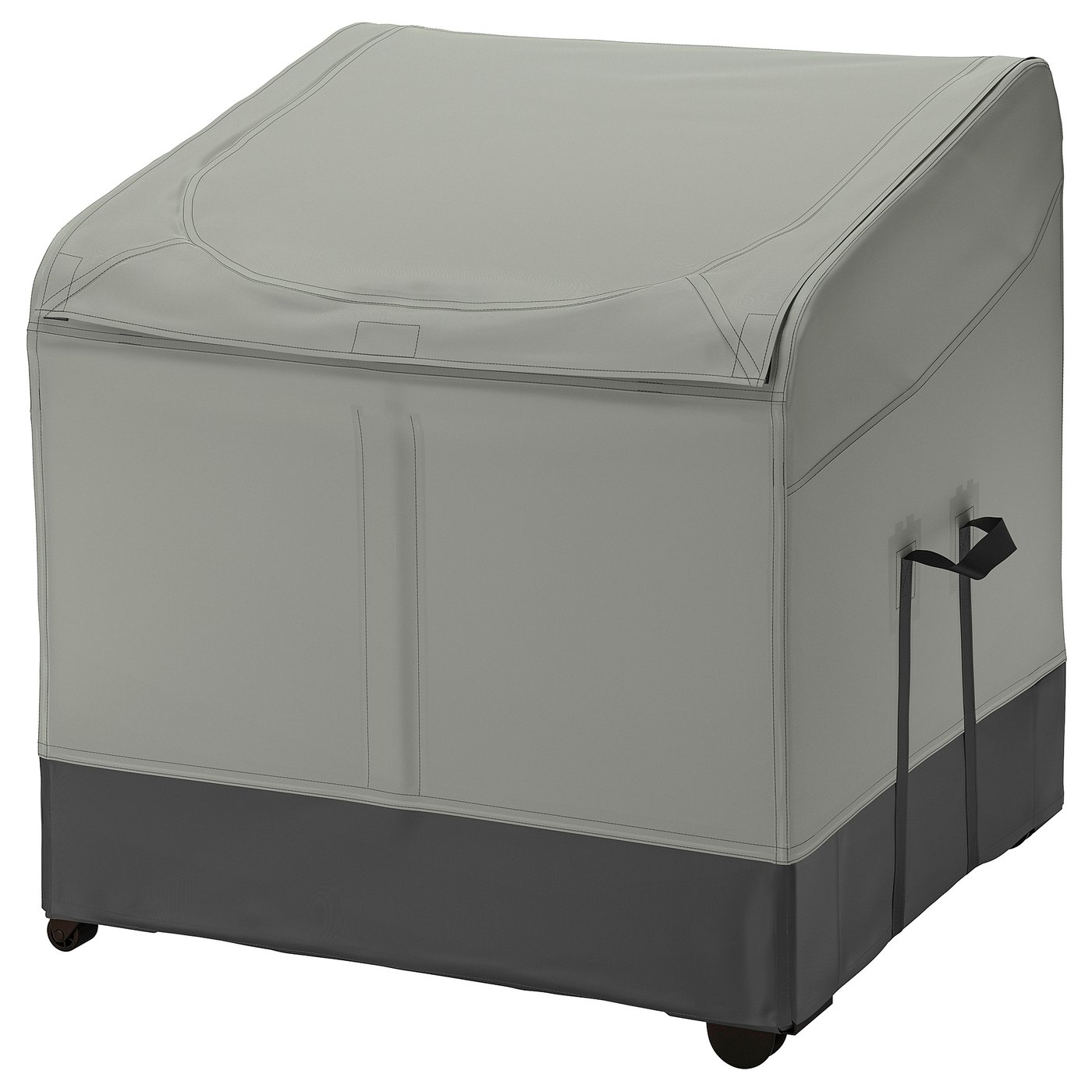 Een grijze VÄTTERSÖ waterdichte opbergbox met ventilatie voor buitenkussens.