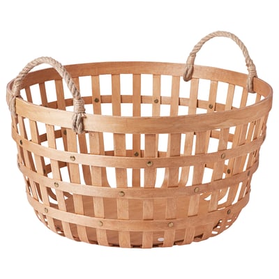 VÄXTHUS: ronde houten mand, natuurlijke kleur, geweven design, stevige handvatten en kunststof voetjes.