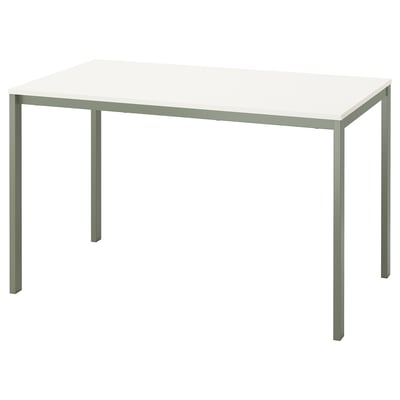 Minimalistische VIHALS eettafel met wit blad en grijze metalen poten.