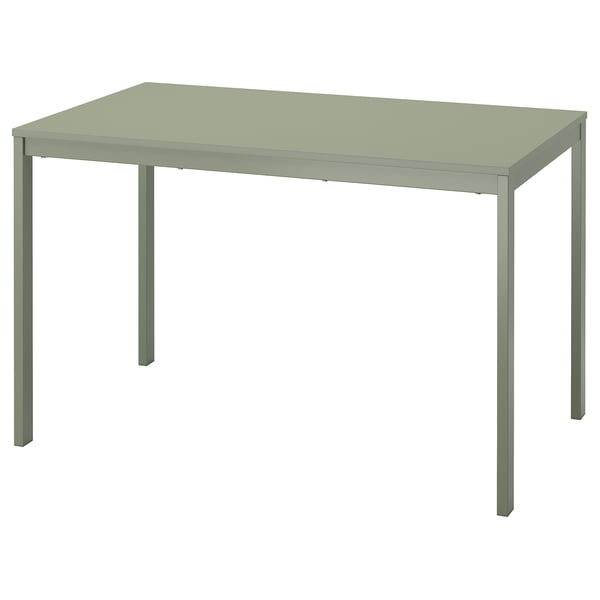 Stelt een groene IKEA VIHALS uitschuifbare tafel voor met een minimalistisch ontwerp, met een rechthoekig blad en vier metalen poten.