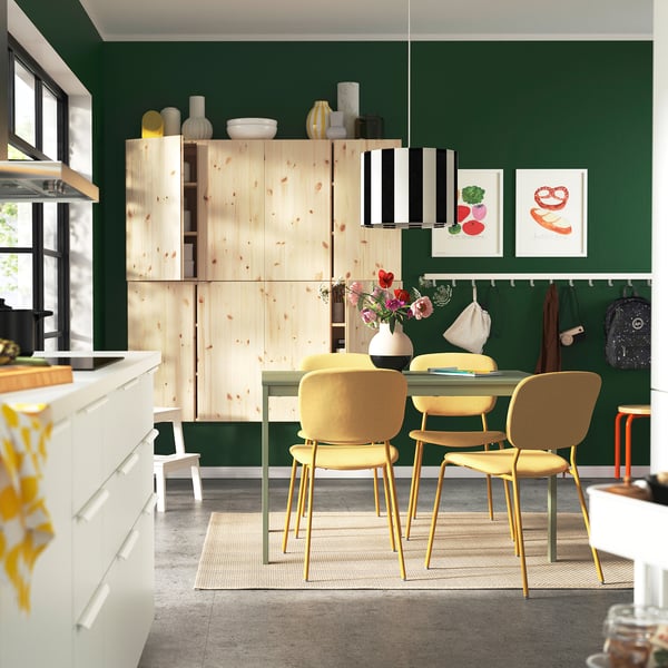 VIHALS / VIHALS Tafel en 4 stoelen, groen/geel Tibbleby-geel, 120/180x74 cm