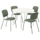 Ronde witte eettafel met vier groen gestoffeerde stoelen, minimalistisch design.