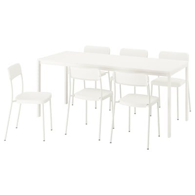 Een witte VIHALS eethoek met een rechthoekige uitschuifbare tafel en vier stoelen in een modern, minimalistisch design.