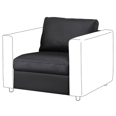 Een moderne zwart-witte VIMLE fauteuil, met strakke lijnen en zachte kussens.