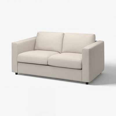 Een beige VIMLE loveseat met een modern, minimalistisch ontwerp. Het heeft twee gelijke kussens en zwarte poten, ideaal voor kleine ruimtes.