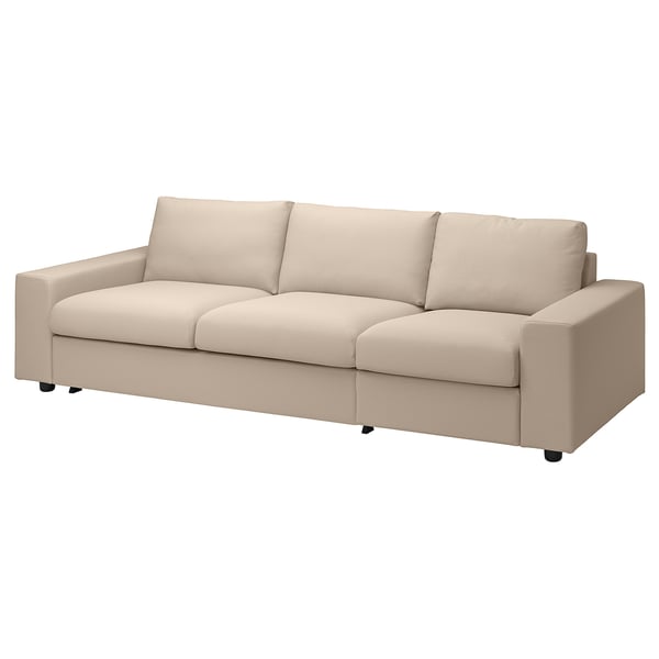 Een beige VIMLE slaapbank met een strak design en verwijderbare kussens om eenvoudig om te bouwen tot bed.