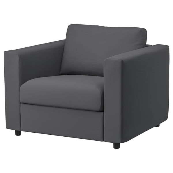 VIMLE grijze fauteuil met donkere poten, modern design.