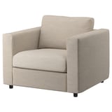 VIMLE fauteuil, beige, geweven stof, vierkante armleuningen, comfortabele zitting.