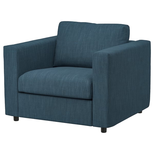 VIMLE fauteuil, blauw, met stof beklede, boxy design, donkere poten.