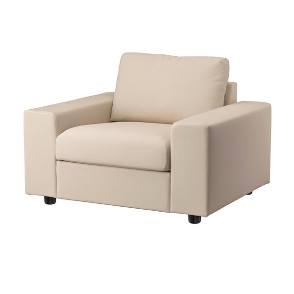 Beige VIMLE fauteuil, modern & comfortabel, stoffen bekleding, vierkante vorm.