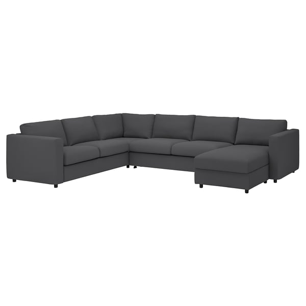 Donkergrijze l-vormige VIMLE sectionele bank met opbergruimte chaise longue.