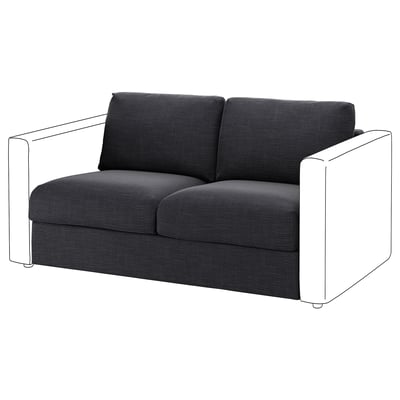 VIMLE bank, donkergrijze stof, gedempte zitting en rugleuning, strakke armen, modern ontwerp.