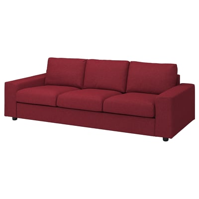 Rode VIMLE-bank, modern design, driezitsbank, getextureerde stof, houten poten.