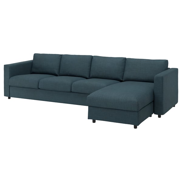 VIMLE: groenblauw sectionele bank, modern design, relaxte bekleding, l-vorm.