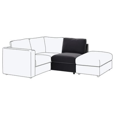 Toont een moderne, l-vormige sectionele bank genaamd VIMLE in zwart en wit, met een strak ontwerp met pluche fluwelen bekleding.