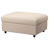 Ikea VIMLE beige voetenbankje, zachte stoffen bekleding, vierkante vorm, siersteken.