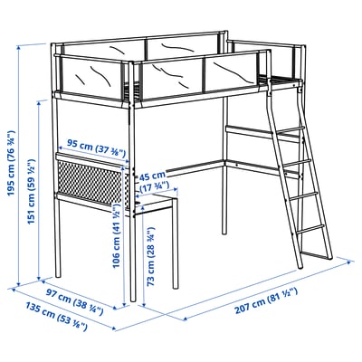 Witte VITVAL hoogslaper met bureau en ladder, strak modern design, metallic en stoffen materialen.