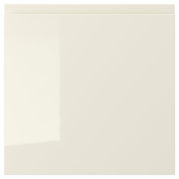 VOXTORP beige glanzende keukenkast met geïntegreerde handgrepen.