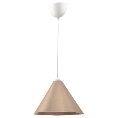 Een ZEBRASÄV hanglamp met een beige asymmetrische kap van papierpulp. Het hangt aan een wit koord en heeft een uniek en speels ontwerp.