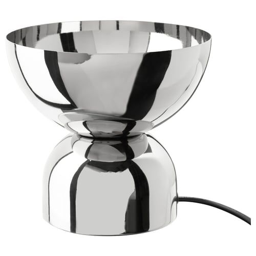 Modern, bowl-shaped, silver metallic lamp with sleek design, reflecting light for stylish ambiance.