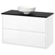 A white ÄNGSJÖN bathroom vanity with a sleek black countertop and round ceramic basin. It has smooth, modern lines and minimalist design.