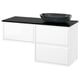 A white ÄNGSJÖN bathroom vanity with black marble countertop and a dark grey glass bowl sink. It three drawers and integrated handles.