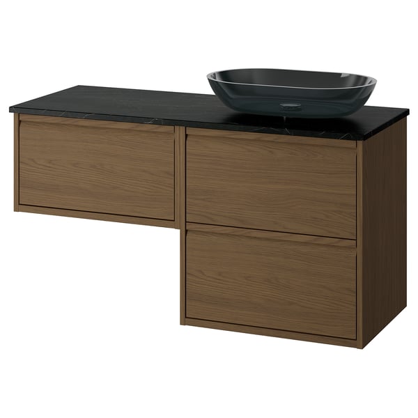Modern bathroom vanity: ÄNGSJÖN, oak, black glass basin, wall-mounted, sleek design.