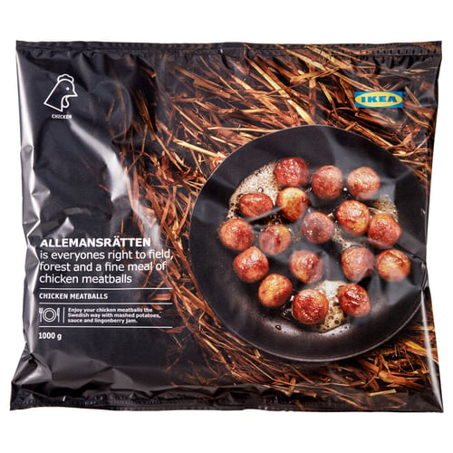 IKEA ALLEMANSRÄTTEN chicken meatballs packaging. Shows fried meatballs on hay, weighing 1000g.