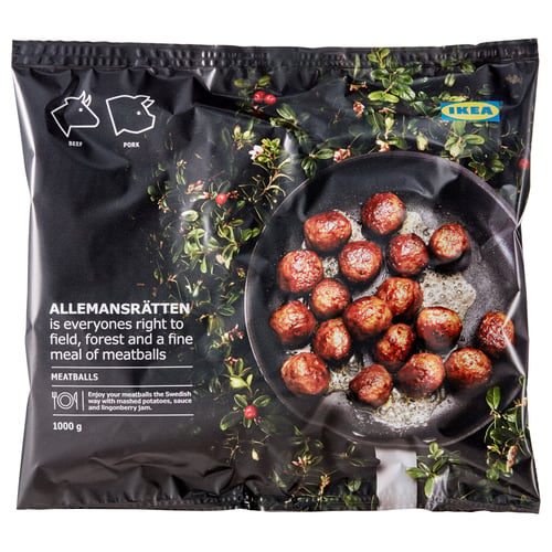 IKEAs ALLEMANSRÄTTEN meatballs package. Cooked meatballs and greenery. Indicates beef and pork content.