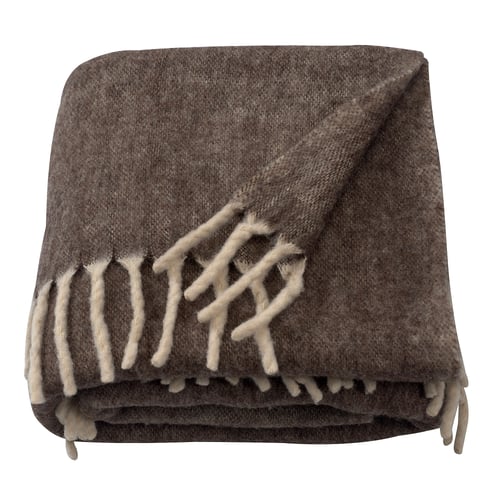 ALLFRAKEN blanket, brown with cream fringe, rectangular, wool blend.