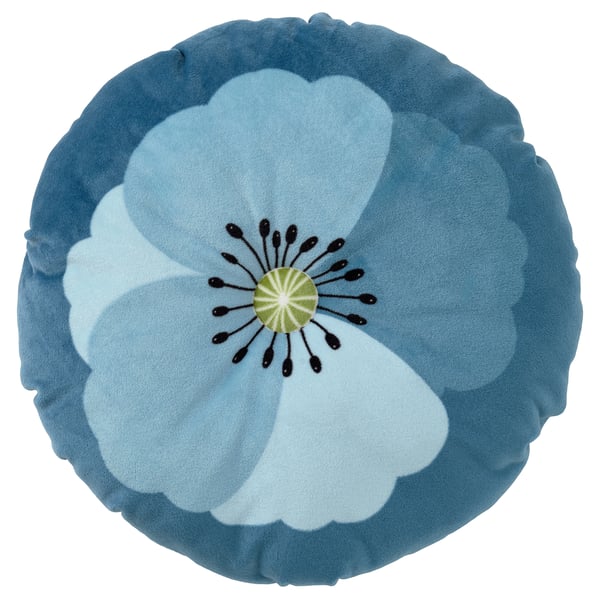 Round sky-blue cushion with large white flower design, black centre, soft, made from recycled materials.