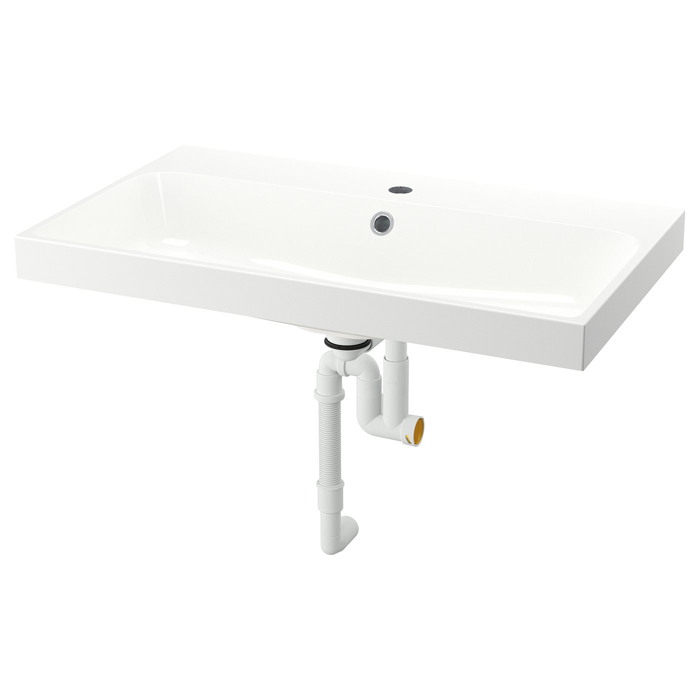 This image shows a white rectangular BACKSJÖN washbasin with smooth edges and a minimalist design, featuring a drain and tap hole.
