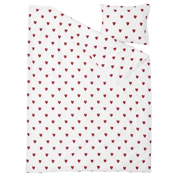 BARNDRÖM Duvet cover and pillowcase, white red/heart pattern, 150x200/50x60 cm